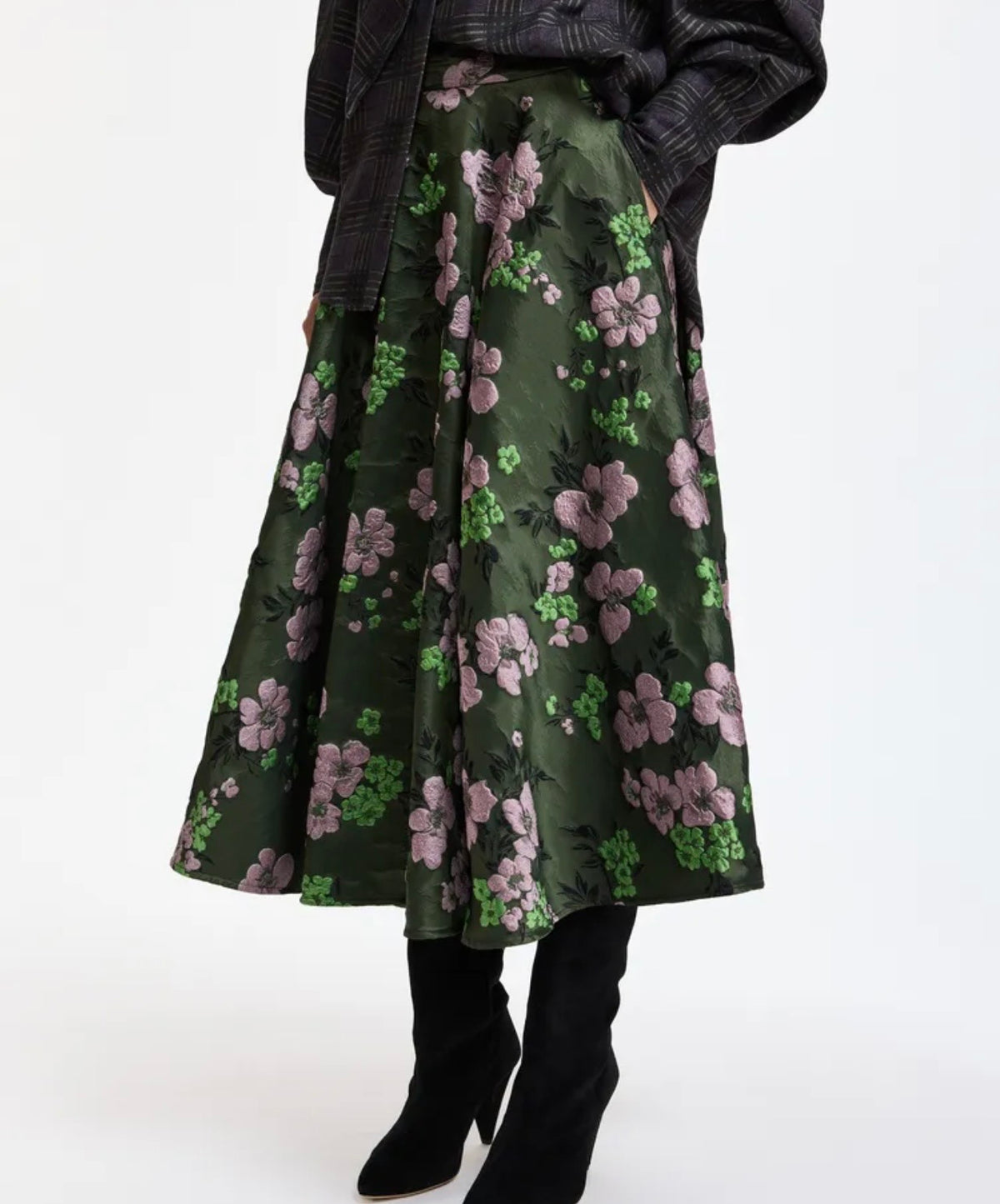 Essentiel antwerp gonna midi a ruota in jacquard floreale color cachi rosa e verde chiaro