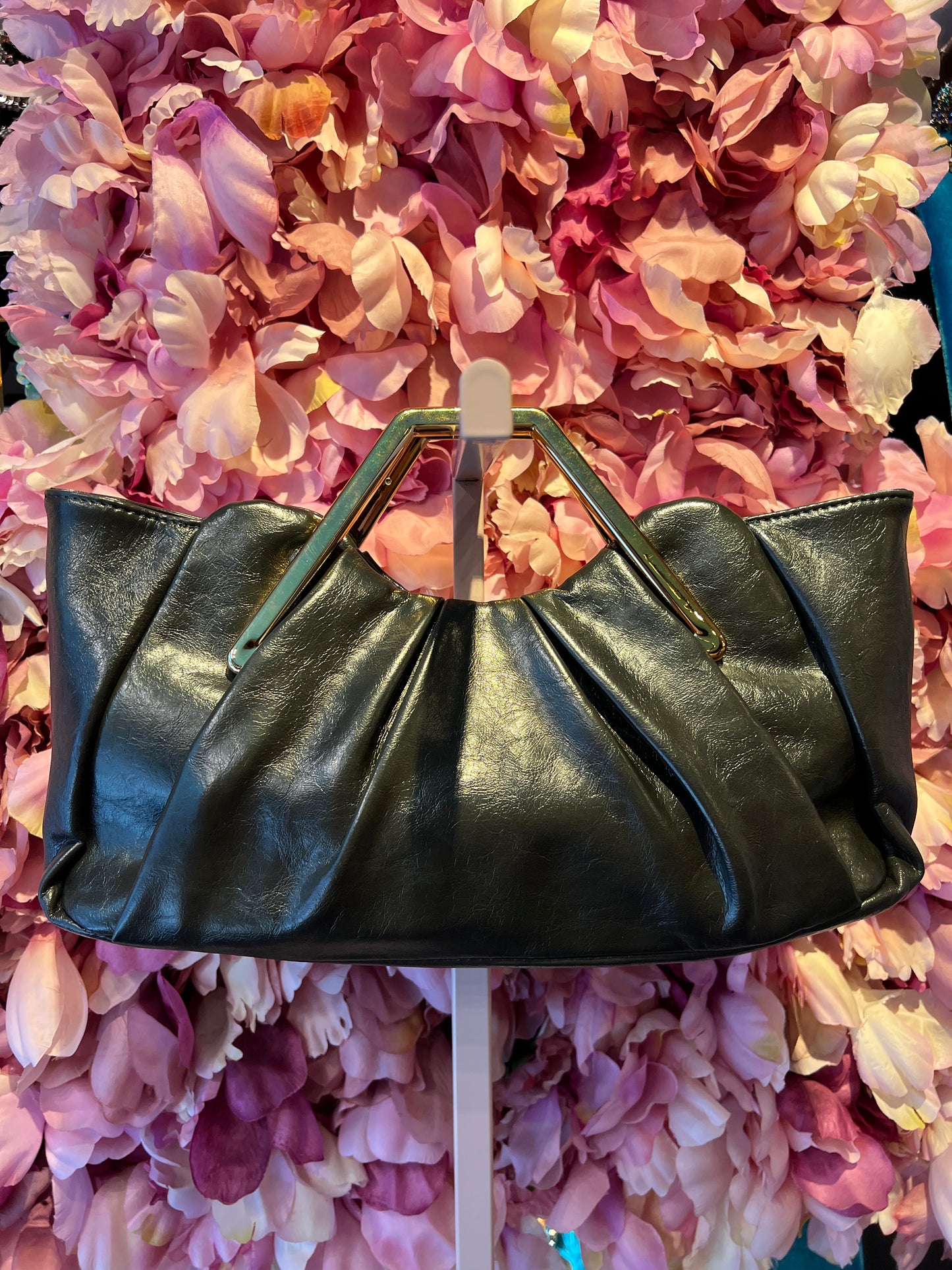 Borsa ecopelle manico rigido oro effetto metallo con tracolla, verde oliva