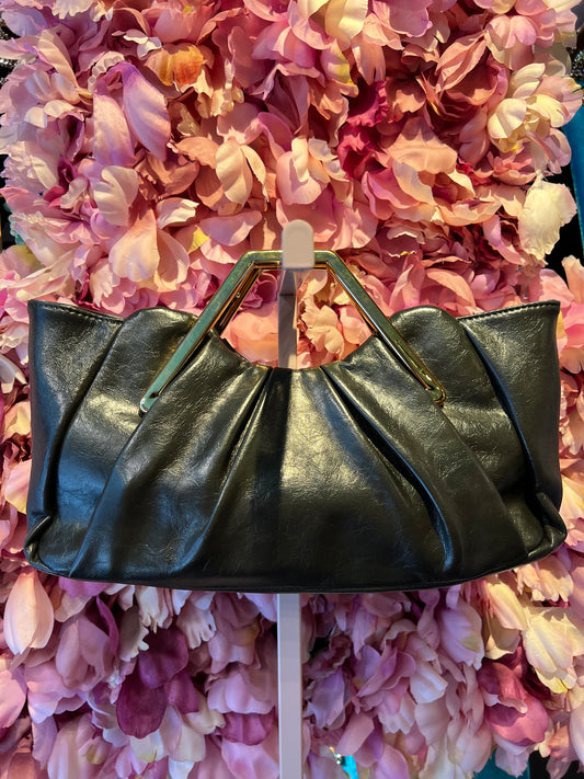 Borsa ecopelle manico rigido oro effetto metallo con tracolla, verde oliva