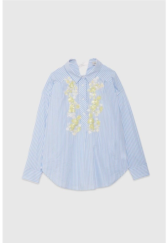 Ermanno Scervino camicia righe con ricamo paillettes gialle e bianche fiocco posteriore