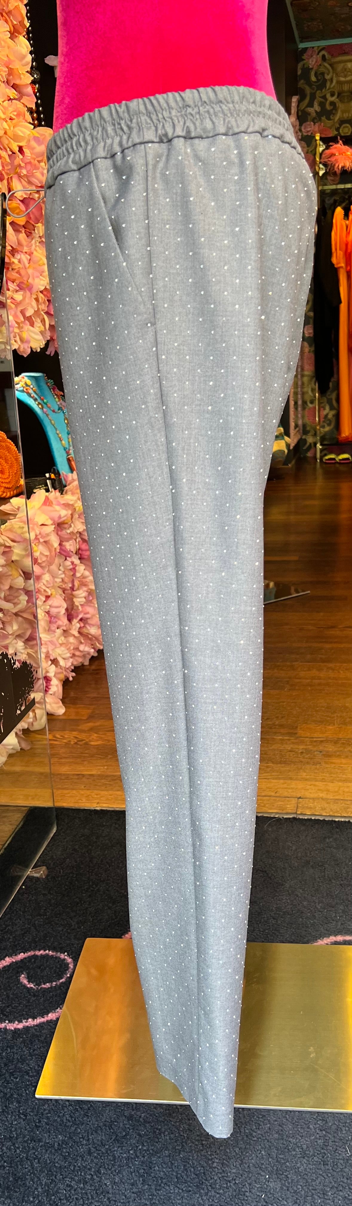 Ermanno Scervino pantalone grigio con pois cristalli argento elastico regolabile