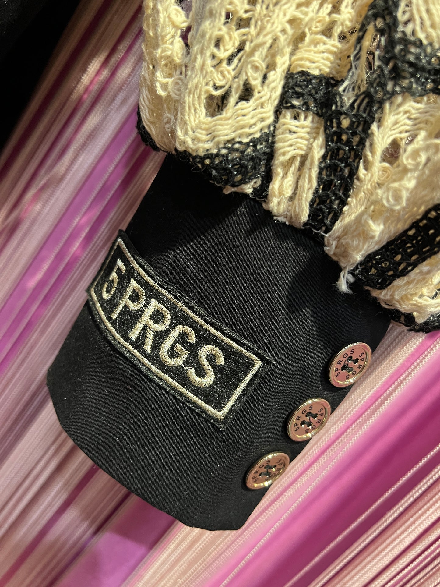 5 Progress giacca in cotone nera con maniche in crochet avorio e nero