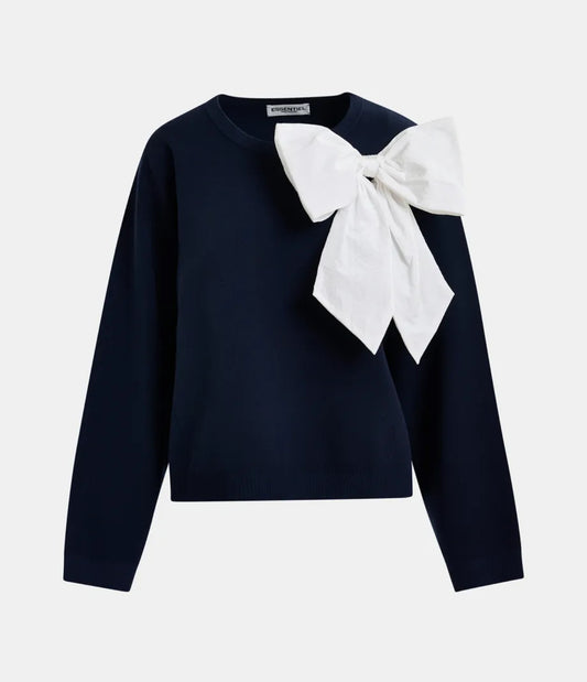 Essentiel antwerp pullover blu e bianco con fiocco rimovibile