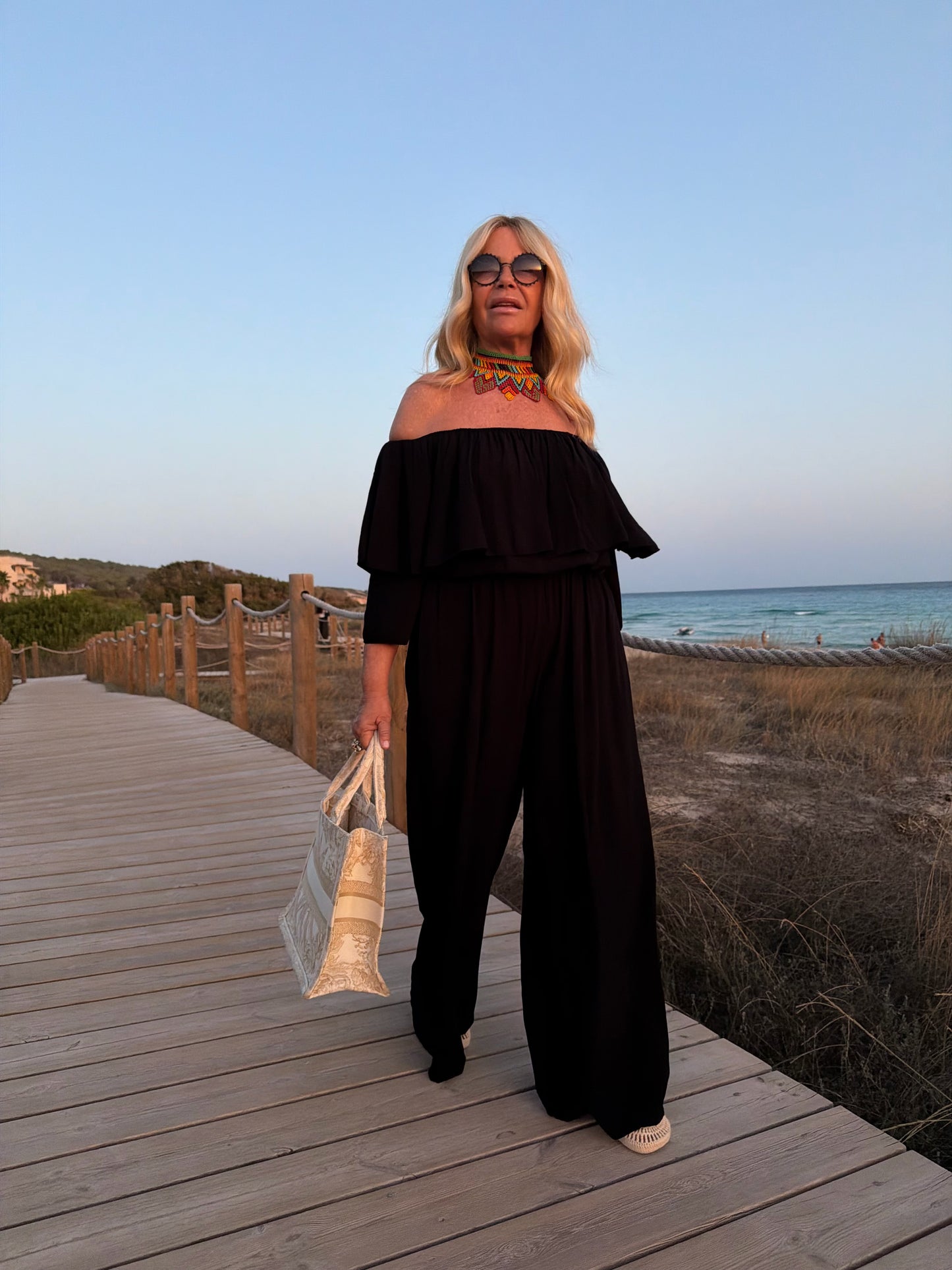 Love & roses -50% completo nero oversize blusa scollo Bardot e pantalone palazzo con elastico in vita
