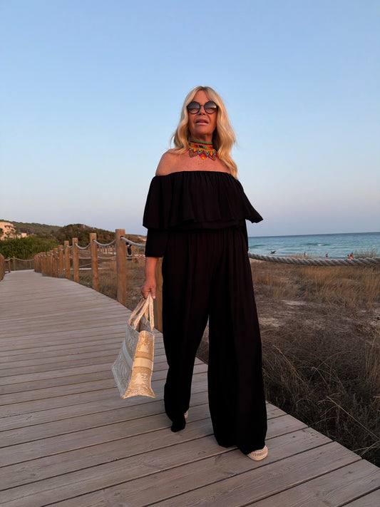 Love & roses -50% completo nero oversize blusa scollo Bardot e pantalone palazzo con elastico in vita