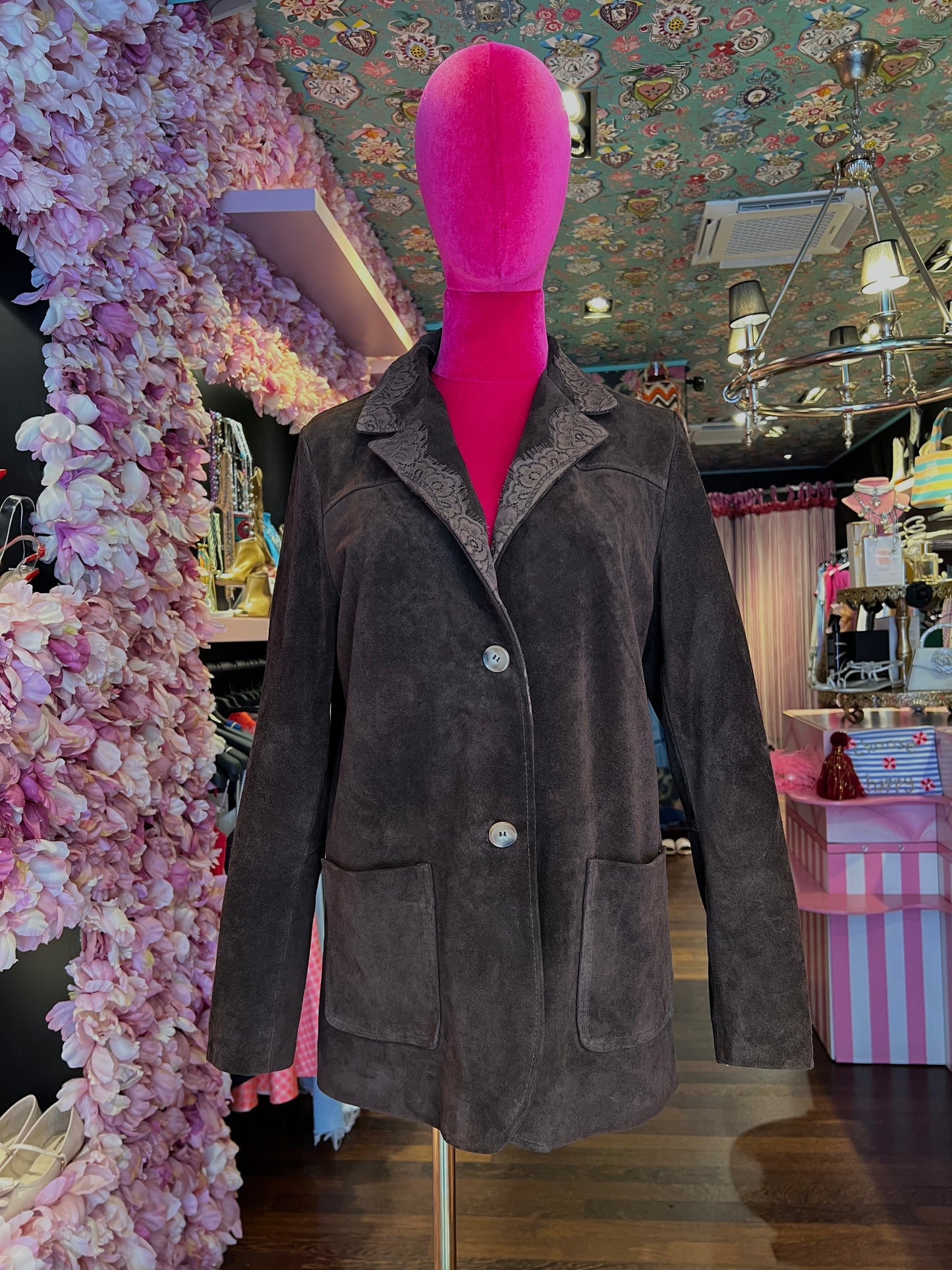 Pink Memories giacca marrone camoscio con pizzo
