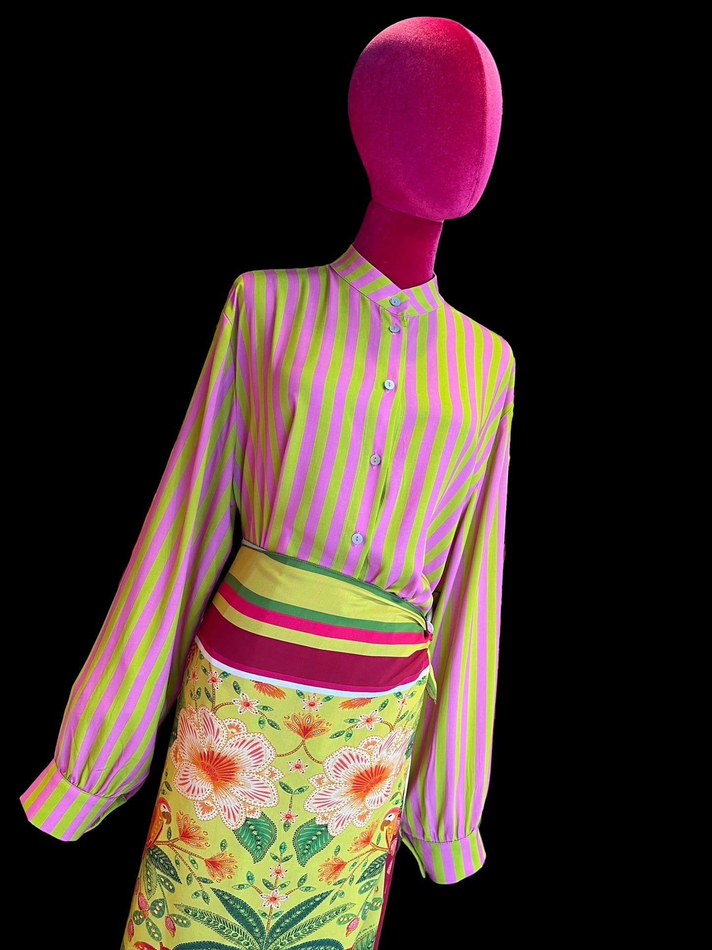Mon amour Paris completo 100% viscosa camicia a righe e gonna fantasia con allacciatura laterale nodo
