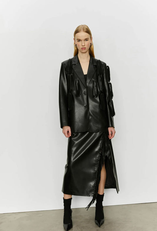 Isabelle Blanche Paris blazer in ecopelle con nappe di frange nero