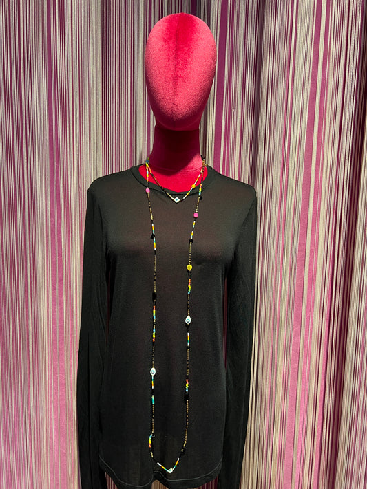 Collana lunga perline nere e multicolor con smile e occhio