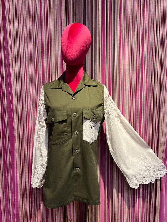 Front street giacca/camicia militare con manica pizzo bianco di cotone vintage