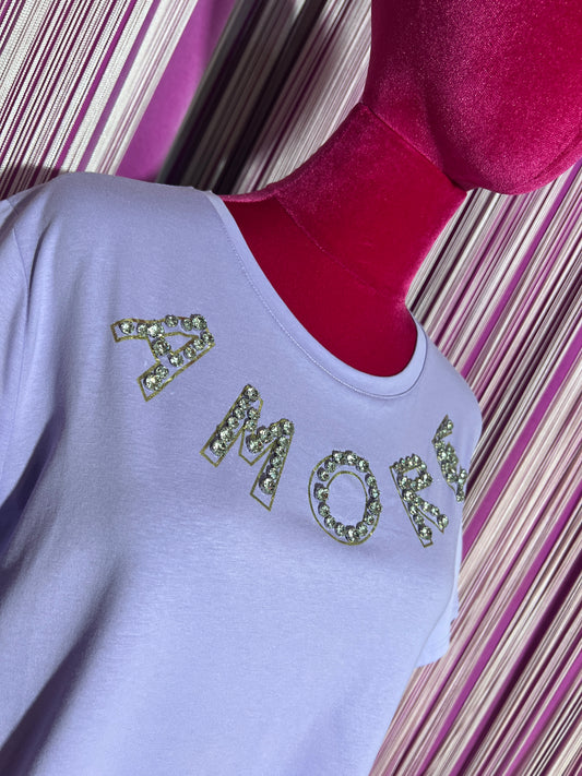 Mon amour Paris t-shirt lilla  mezza manica con scritta “ amore “ cristalli