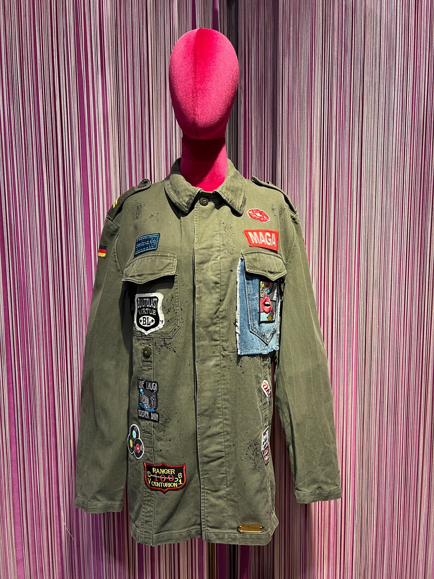 ABpink 🩷giacca la verdina unisex verde militare patch bocca e applicazioni jeans e braccio di ferro