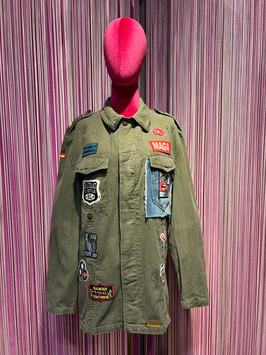 ABpink 🩷giacca la verdina unisex verde militare patch bocca e applicazioni jeans e braccio di ferro