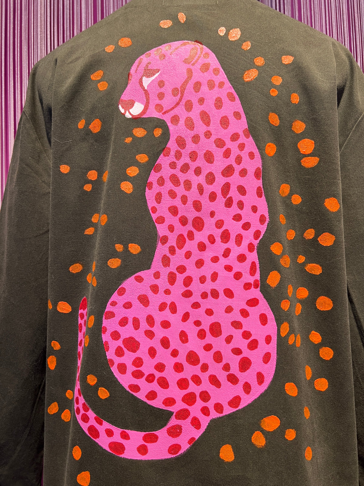 ABpink🩷 giacca Charlotte verde militare con patch stella paillettes gialla tigre fucsia sul retro vestibilita’ 40/44