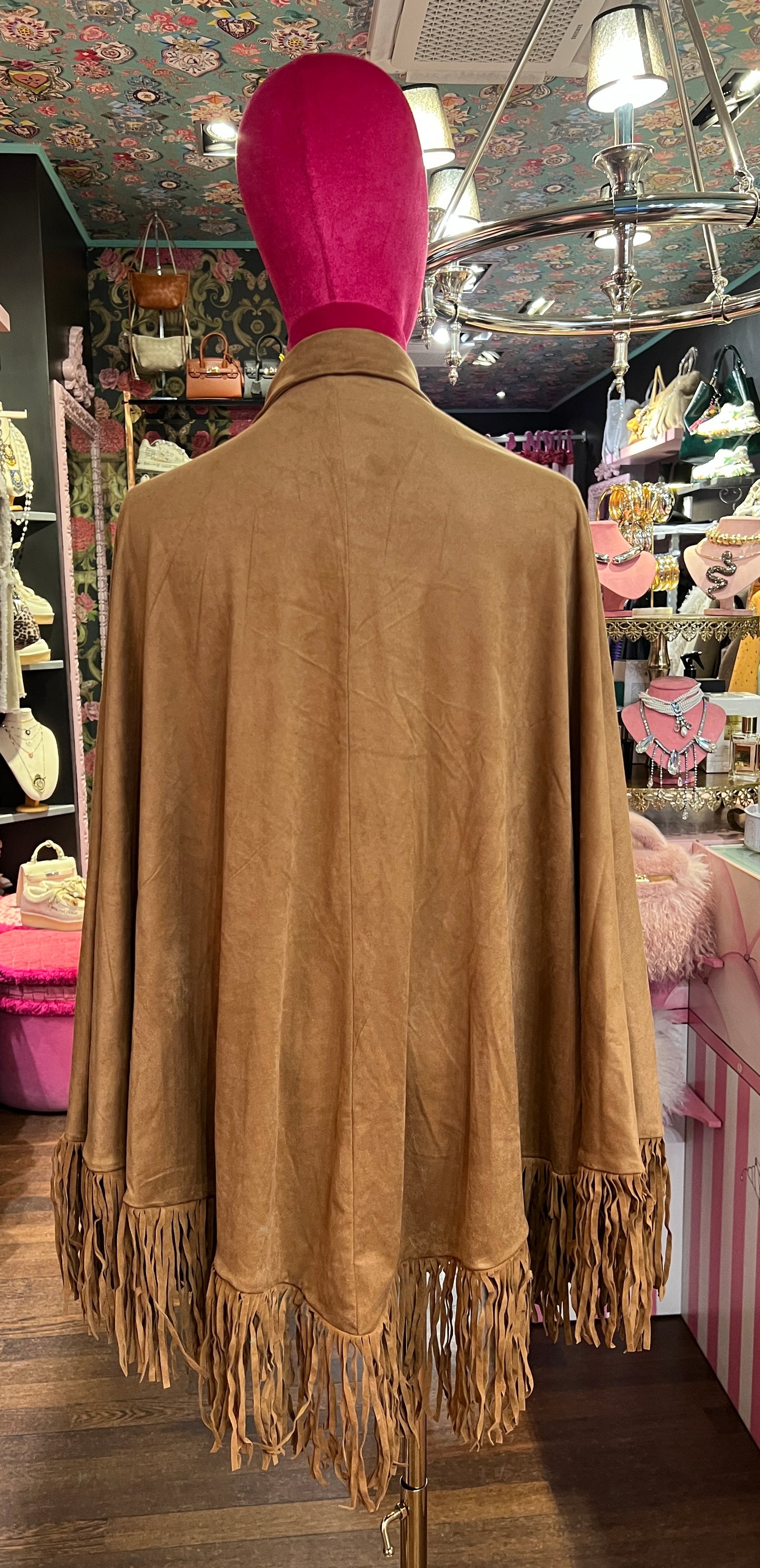 Mon amour Paris cappa in ecosuede con frange color biscotto