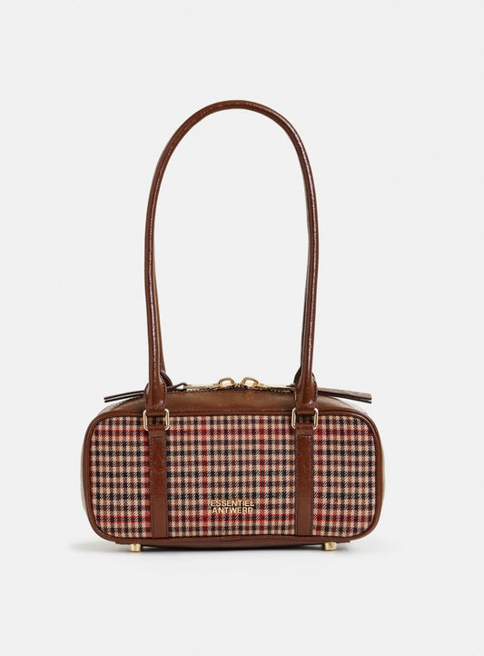 Essentiel antwerp borsa a baguette con tracolla marrone beige e rossa a quadri