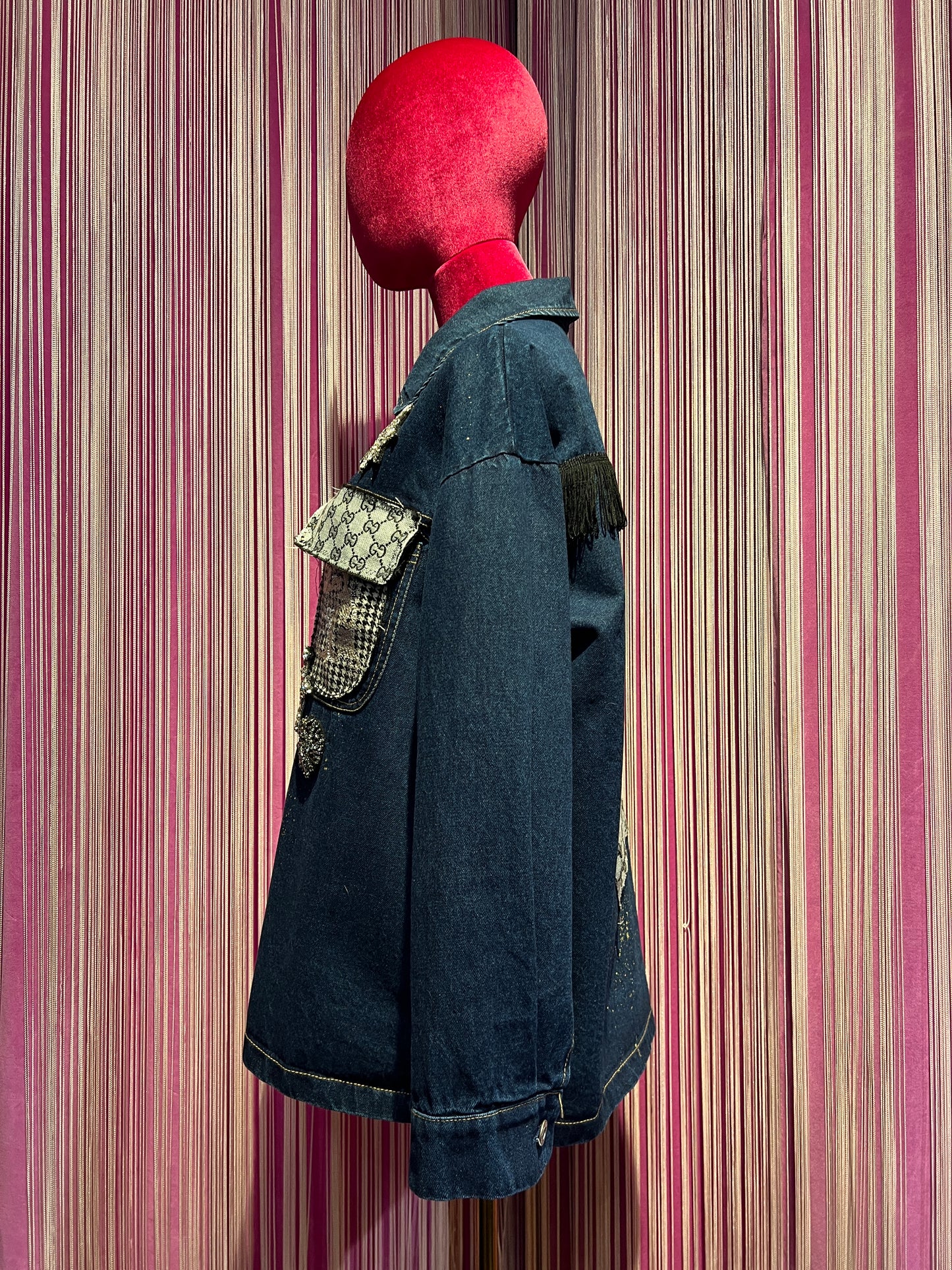 ABpink🩷 giacca camicia con stoffa vintage e tessuto pied dí poule sulle tasche con patch
