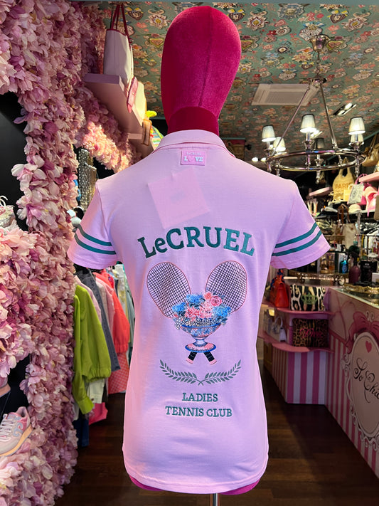 Le Cruel -50% di sconto polo nido d’ape rosa scritta logo verde dietro con disegno racchette e fiori