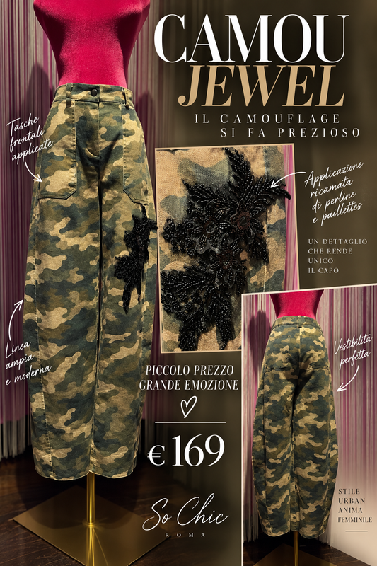 The room pantalone 💥CAMOU JEWEL💥camouflage con patch ramage nero di paillettes