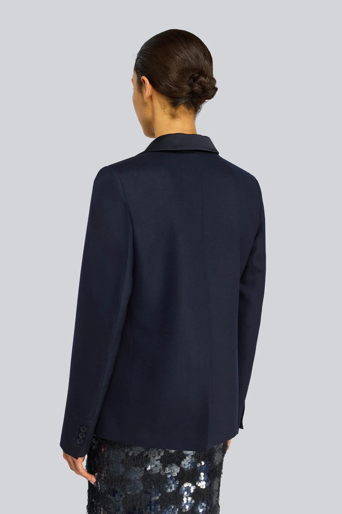 Semicouture giacca in flanella blu notte modello monopetto con rever in raso