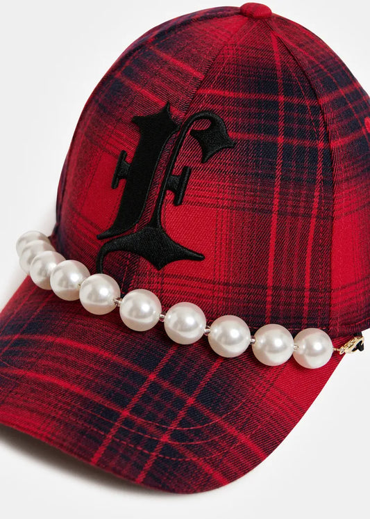 Essentiel antwerp cappello con visiera a quadri rossi con decorazione rimovibile in finte perle