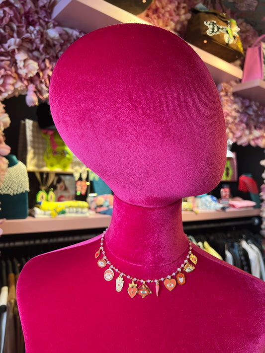 Principessa Glam collana girocollo perline rosa occhio, cornetto cuori rosa