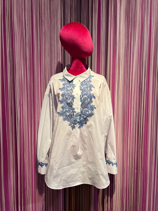 Ermanno Scervino camicia bianca pizzo azzurro con fiocco posteriore