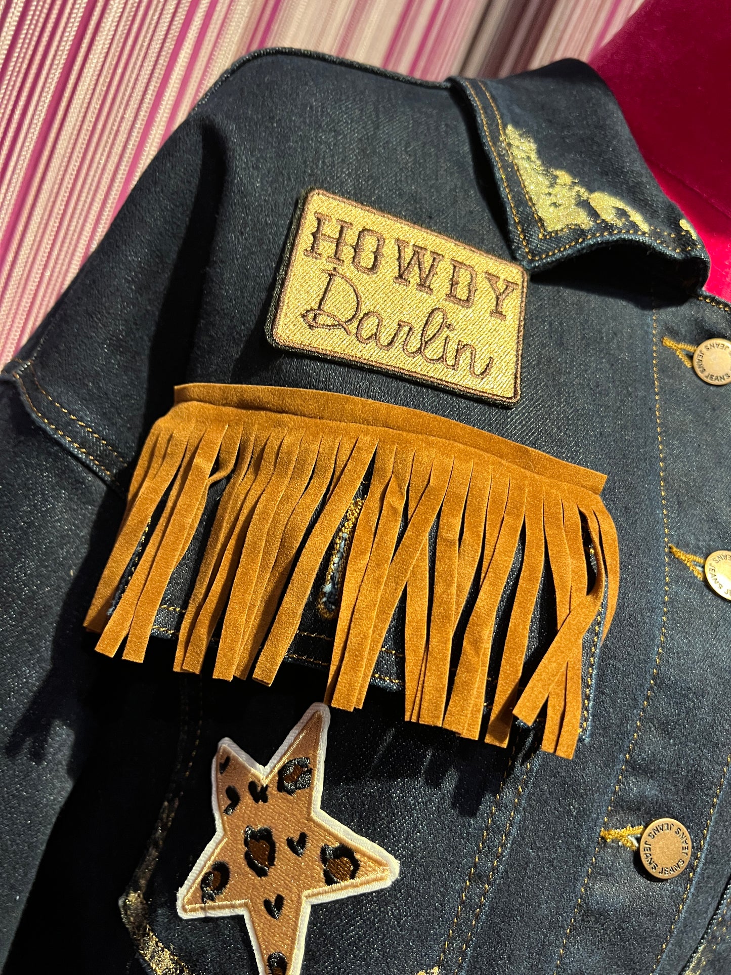 ABpink 🩷 giacca denim con cintura applicazioni patch stelle  tasche con frange