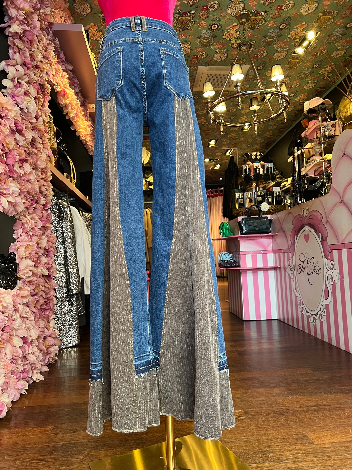 Love & roses jeans denim con spicchi gessati