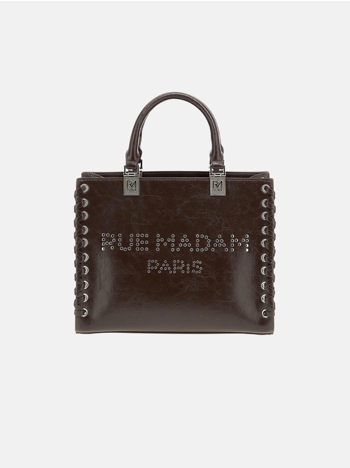 Rue Madam Paris borsa marrone due manici ecopelle lucida effetto craquele’ , logo borchiato impunture laterali con tracolla