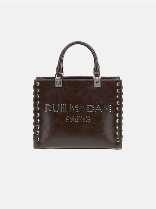 Rue Madam Paris borsa marrone due manici ecopelle lucida effetto craquele’ , logo borchiato impunture laterali con tracolla