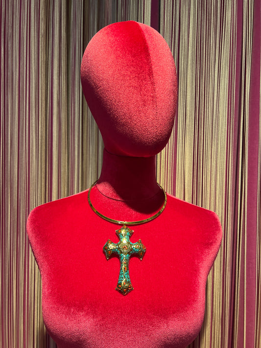 Collana girocollo oro con croce turchese