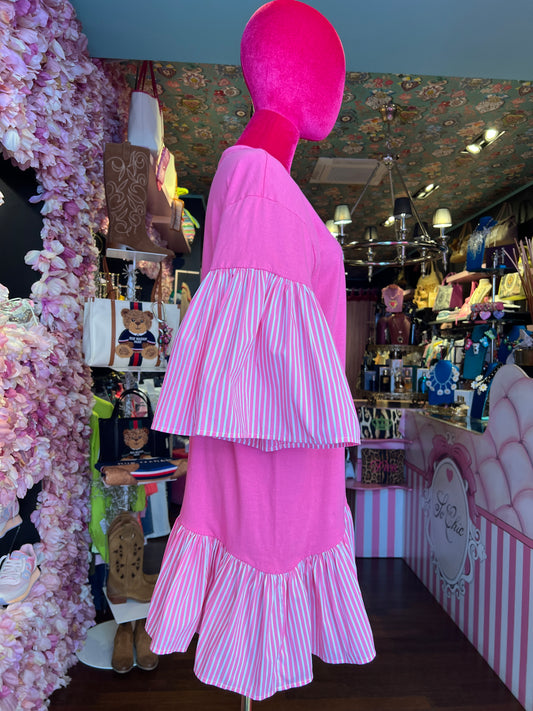 Gina Gorgeous t shirt fucsia cuore bianco con scritta asimmetrica volant a righe Teresa