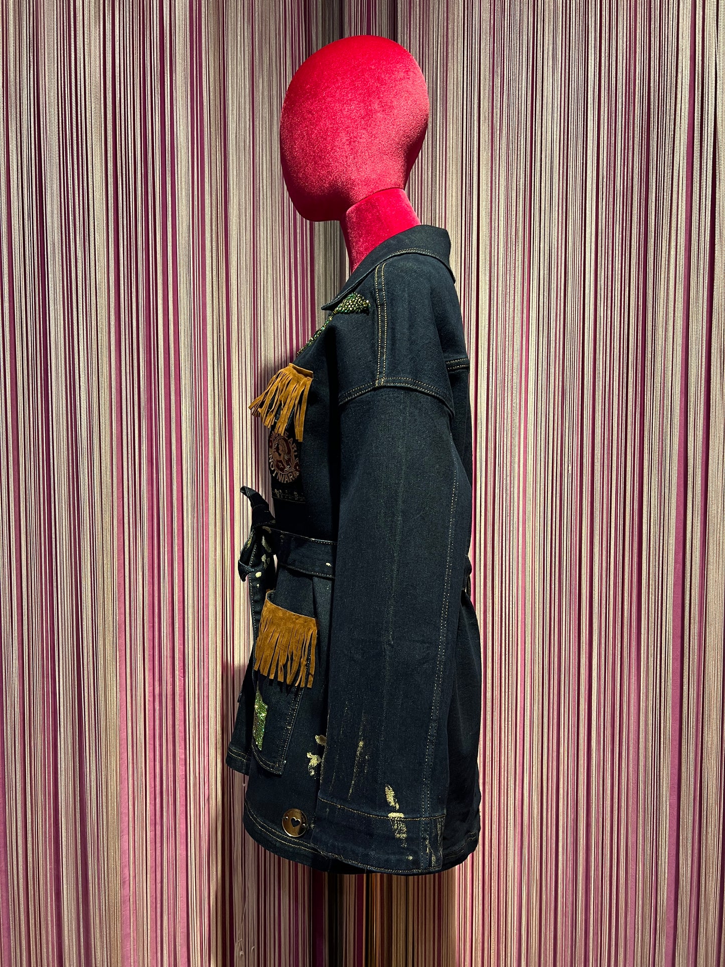 ABpink 🩷 giacca denim con cintura applicazioni patch stelle  tasche con frange