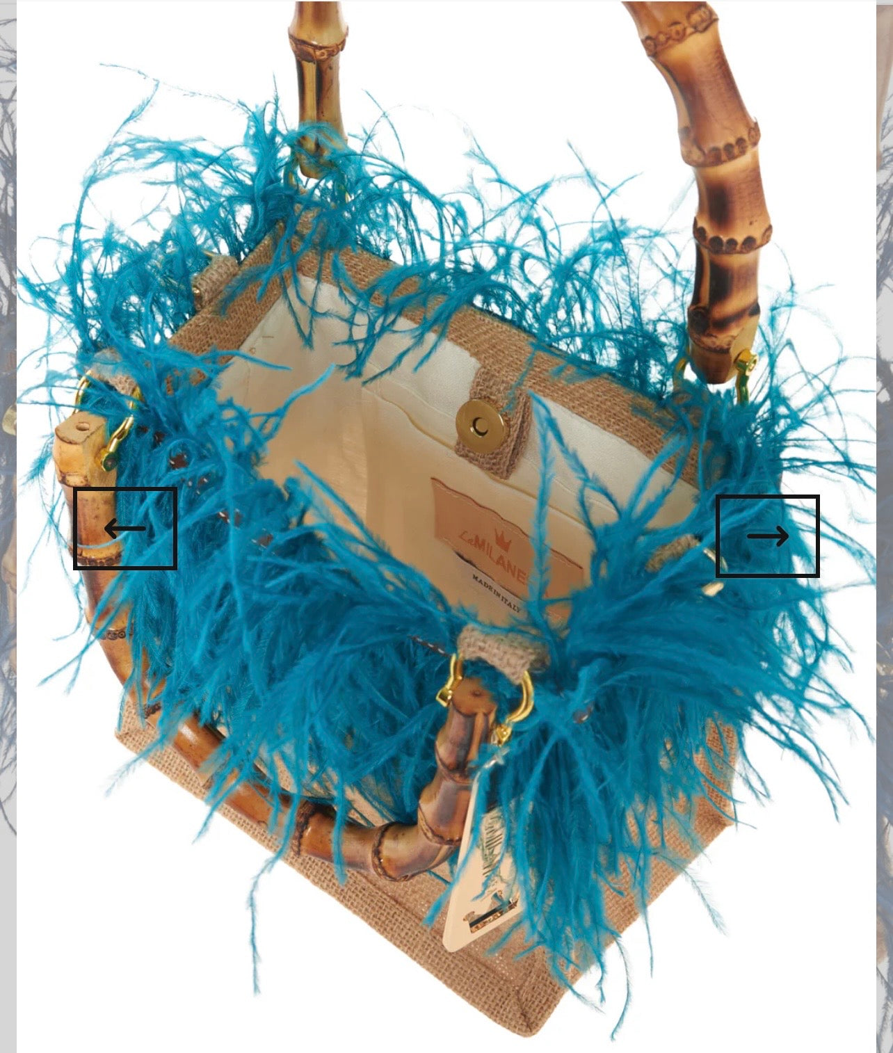 La Milanesa borsa intrecciata in juta manici in bamboo tracollina dorata violetta small ottanio