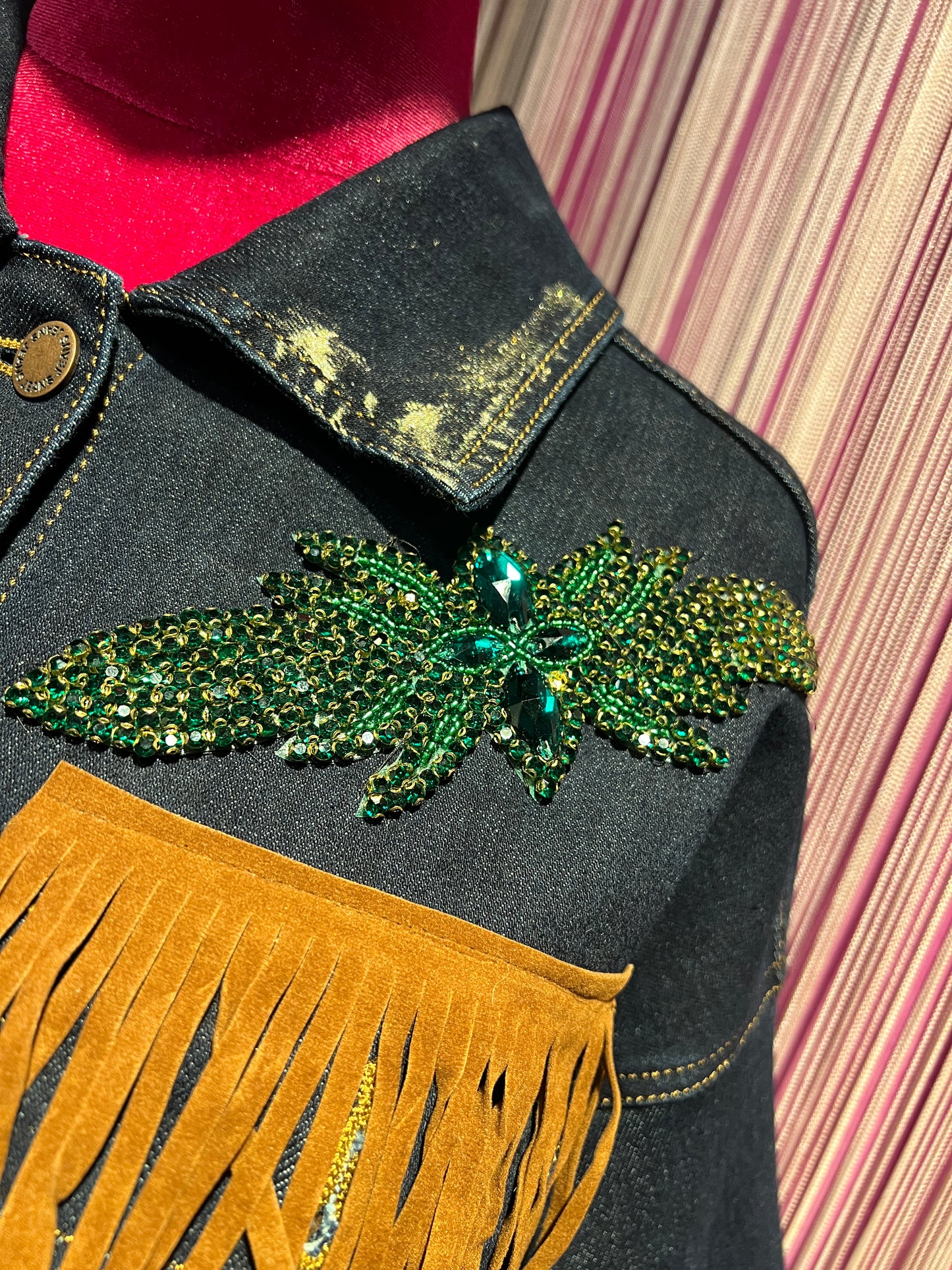 ABpink 🩷 giacca denim con cintura applicazioni patch stelle  tasche con frange