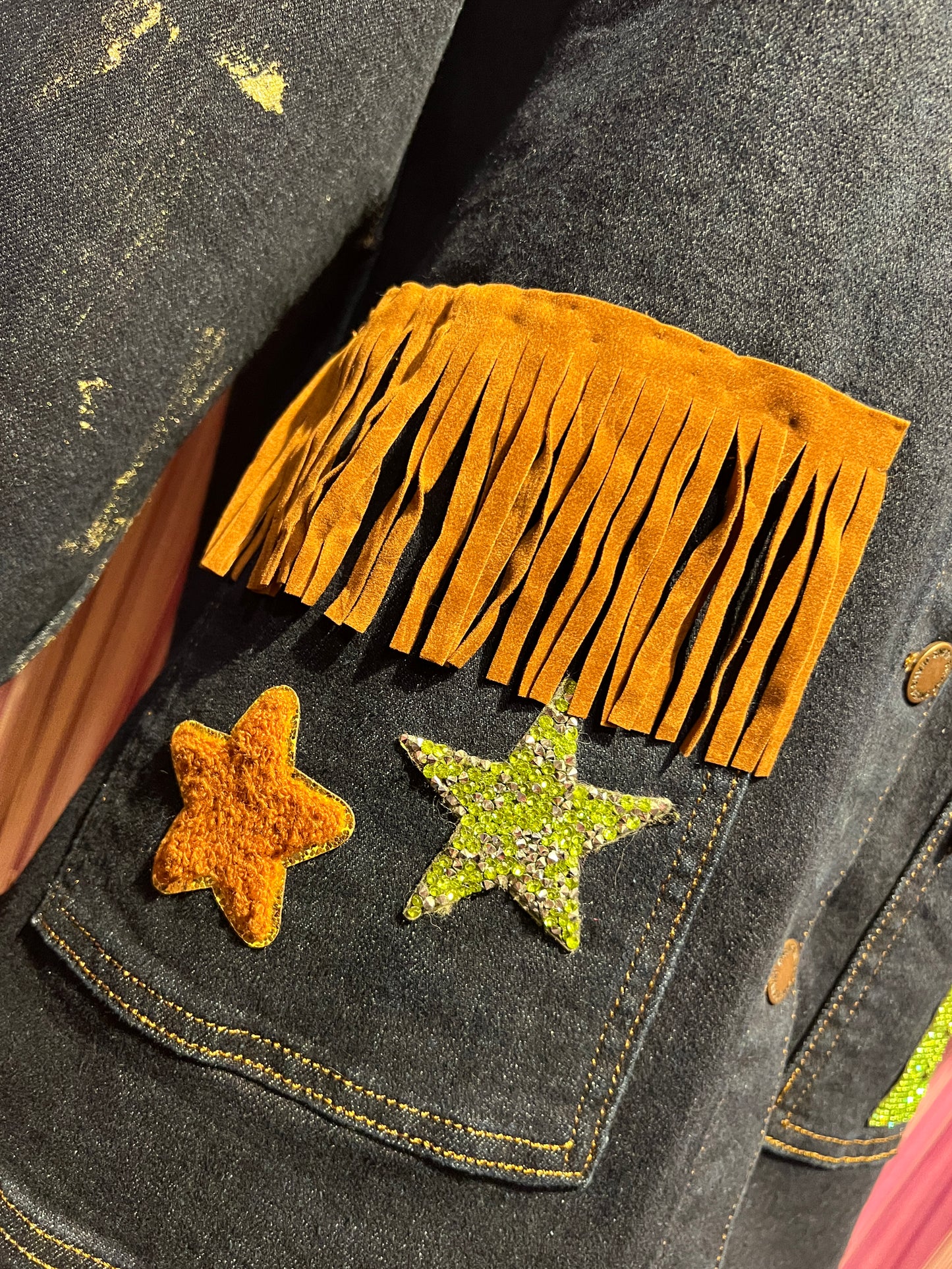 ABpink 🩷 giacca denim con cintura applicazioni patch stelle  tasche con frange