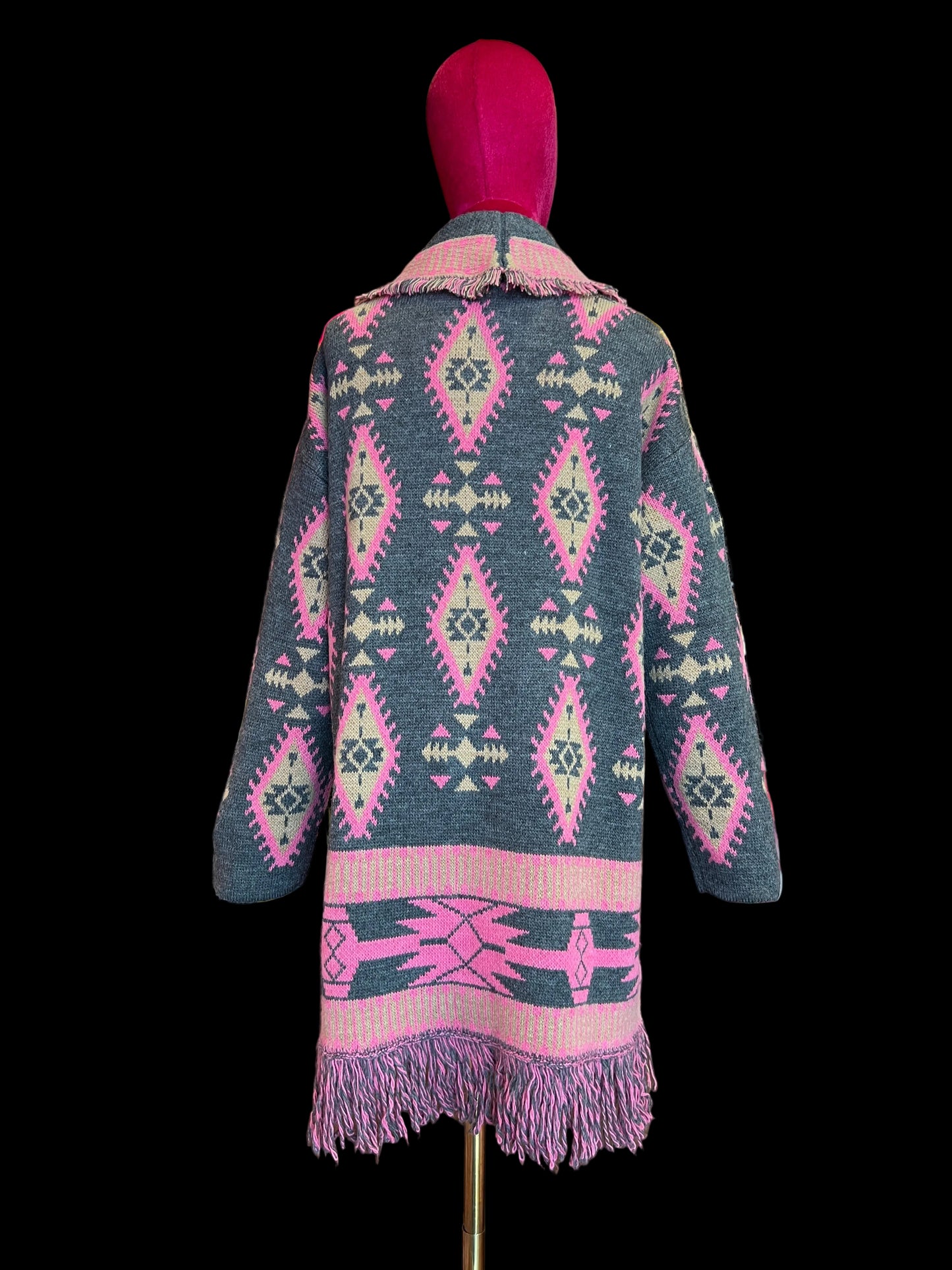 Colour market cardigan jacquard con cinta fucsia strass e frange grigio e fucsia