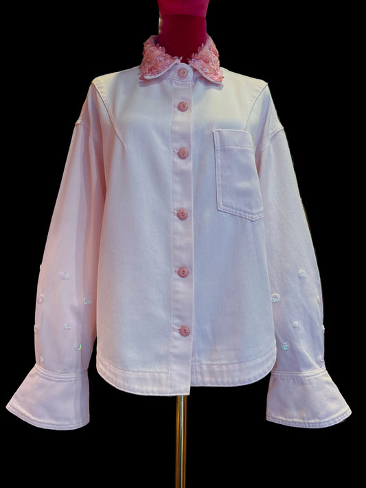 Sincere Paris giacca camicia rosa con colletto paillettes e maniche