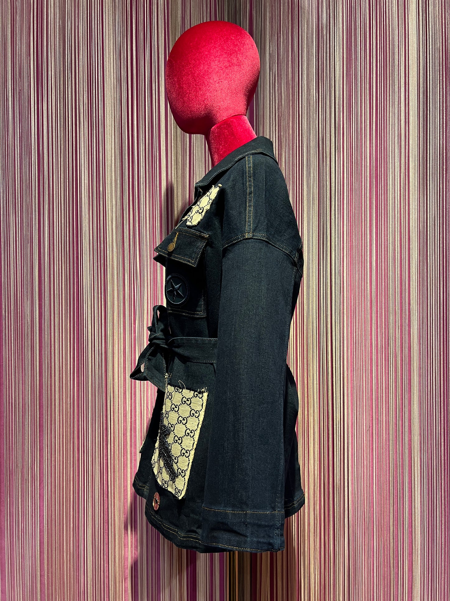 ABpink 🩷 giacca denim con cintura applicazioni fiore e stella perline