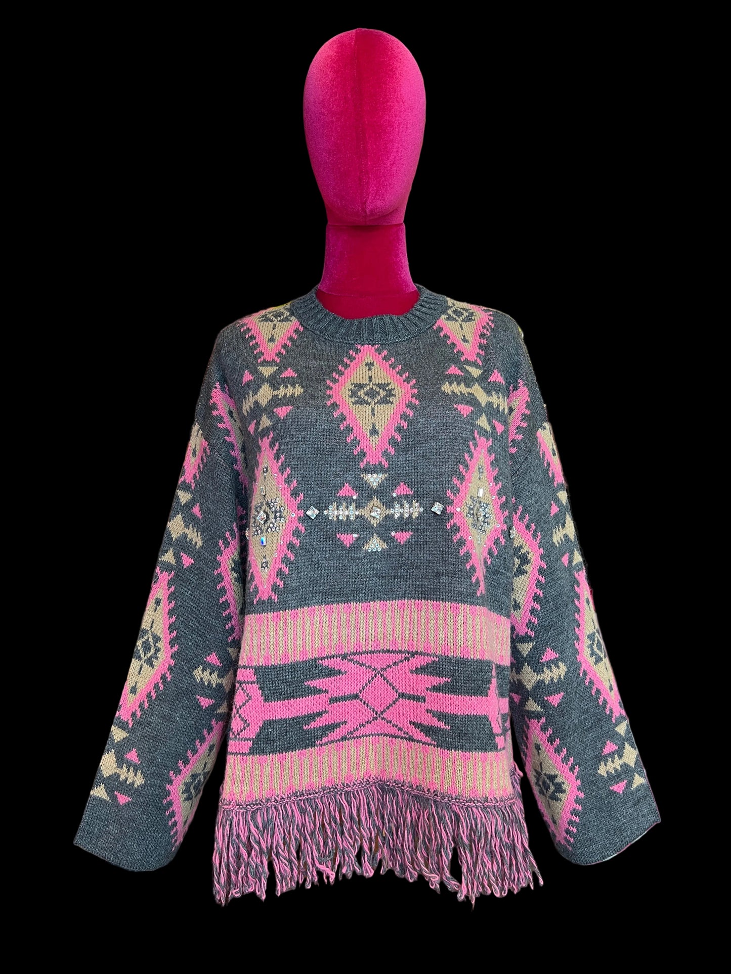 Colour market maglia jacquard con frange e strass grigio e fucsia