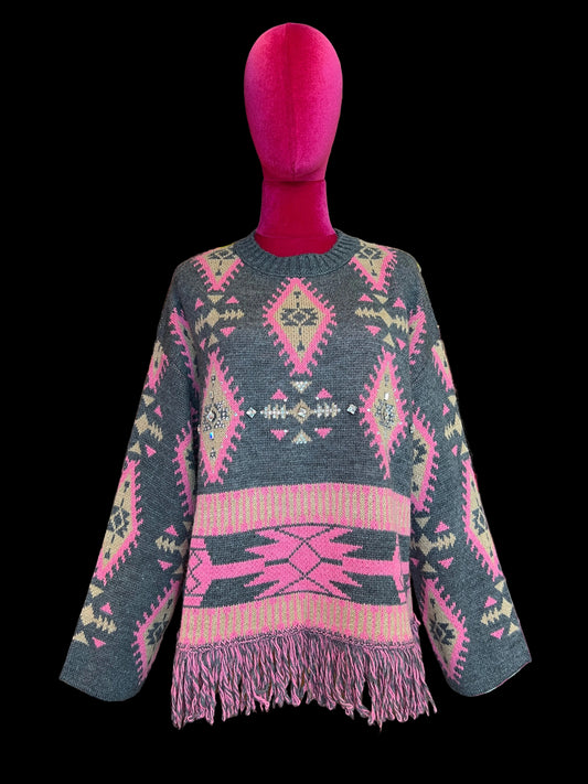 Colour market maglia jacquard con frange e strass grigio e fucsia