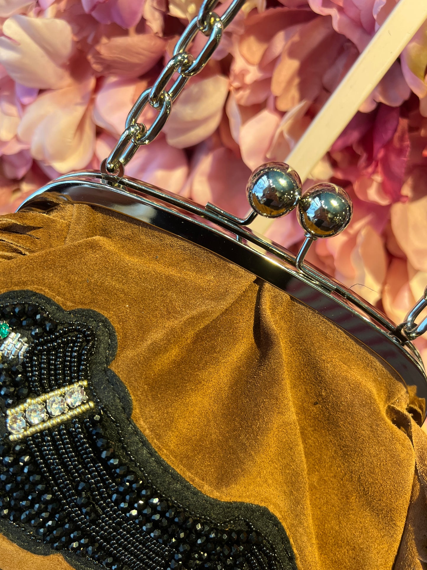 5 Progress borsa suede con frange applicazione pantera e tracollina