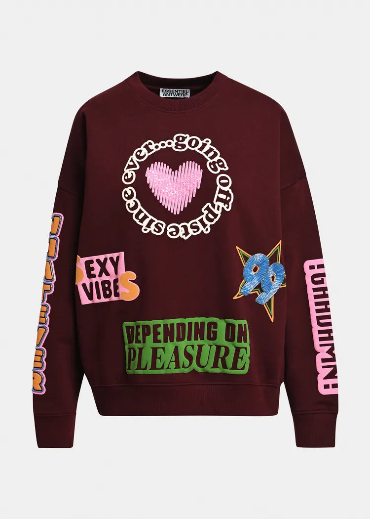 Essentiel antwerp felpa in cotone con stampa grafica e patch perline