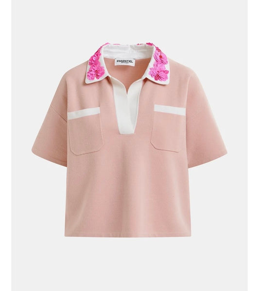 Essentiel antwerp polo rosa con colletto bianco con applicazioni paillettes fucsia