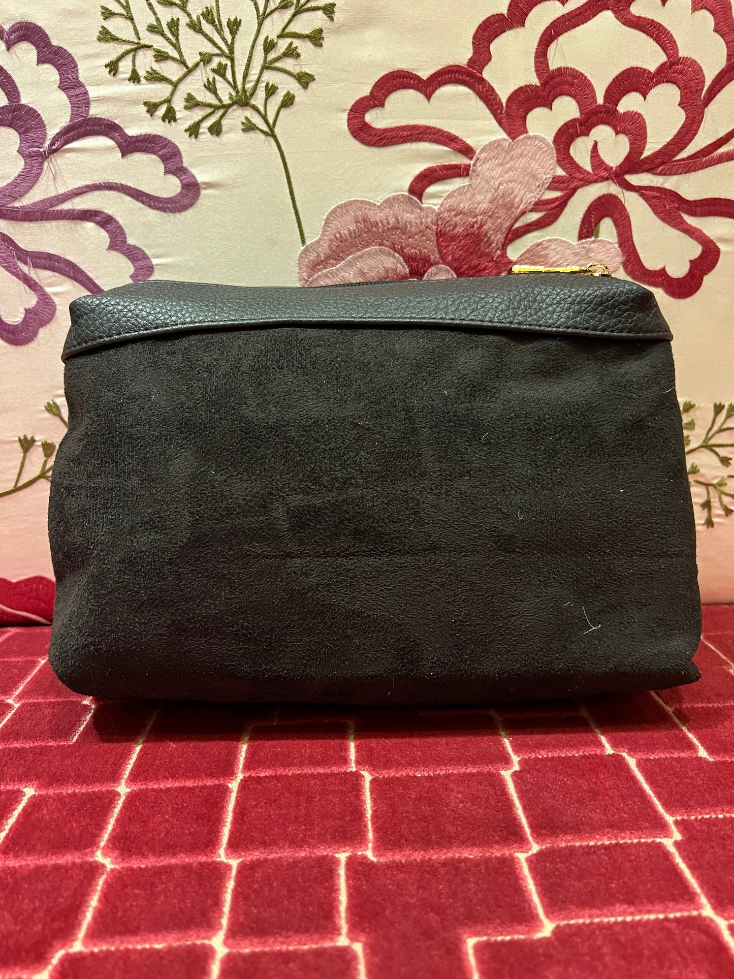 Love & roses borsa due manici in rafia e pizzo nero , cristalli e pochette nera rimovibile