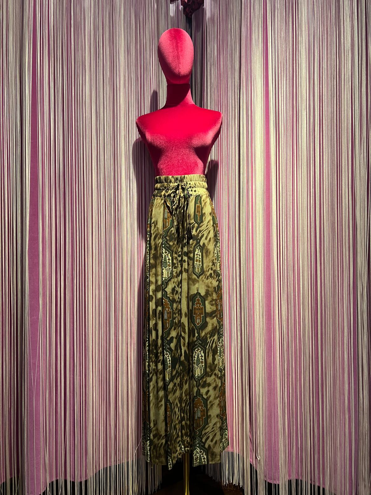 Front street pantalone gamba ampia con elastico in vita , fantasia geometrica su sfondo animalier