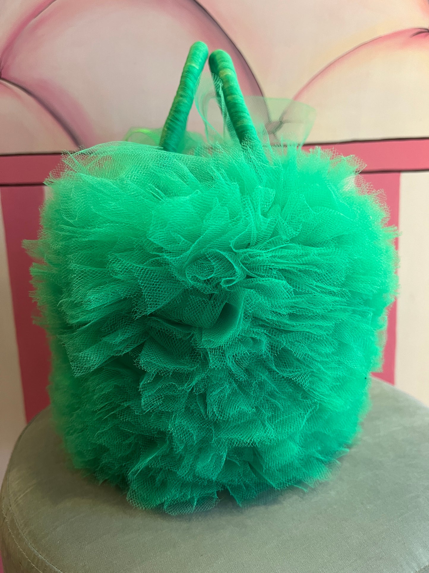 Monilia borsa paglia e tulle verde con patch ciliegie