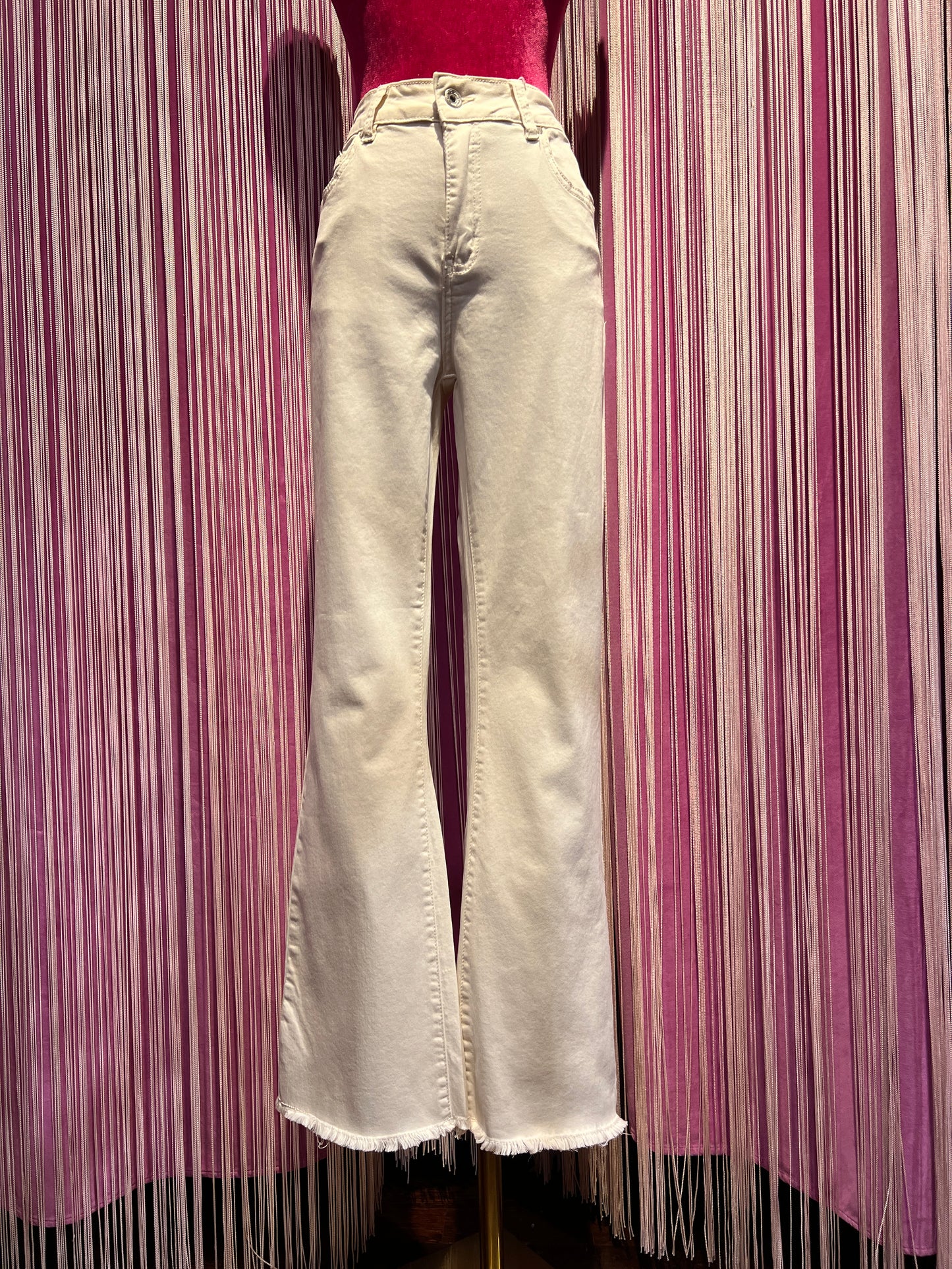 Love & roses jeans pantalone 5 tasche panna sfrangiato