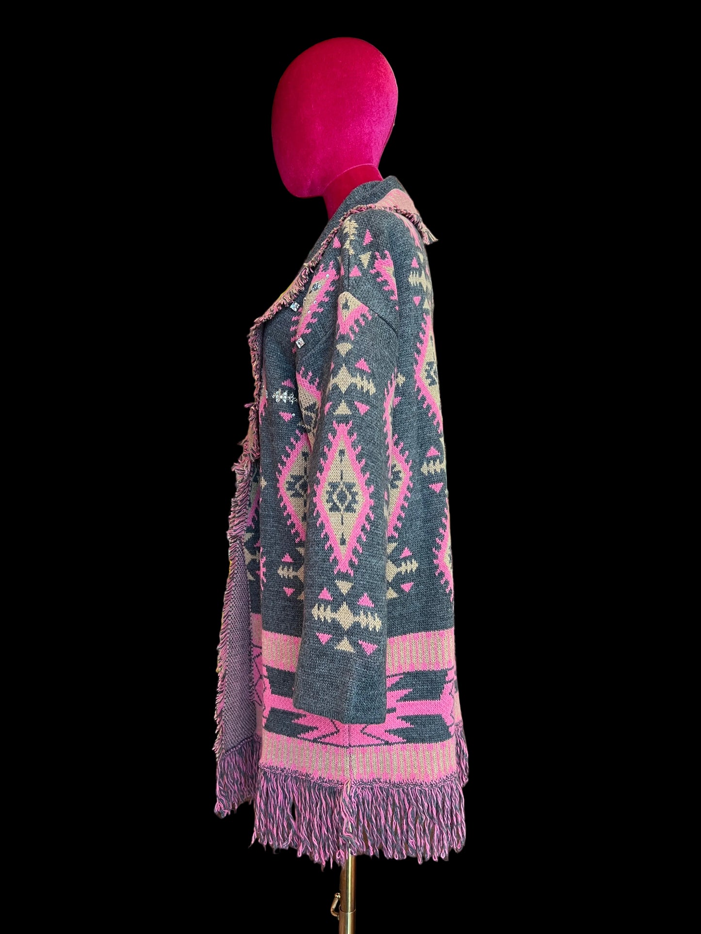 Colour market cardigan jacquard con cinta fucsia strass e frange grigio e fucsia